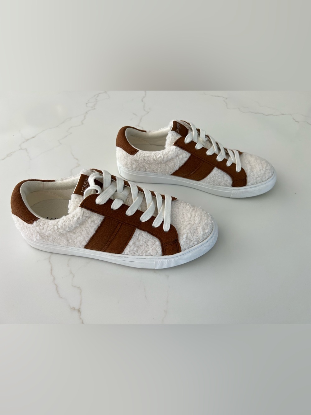 J. Crew White Sherpa Sneakers with Brown Suede Trim